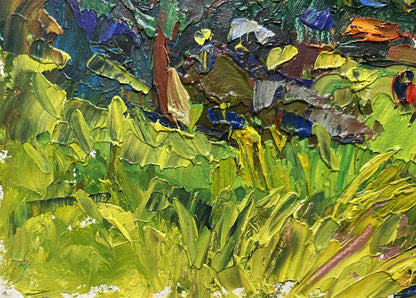Vibrant green yellow impasto foliage in Oil painting The Road Home by Oksana Ivanyuk