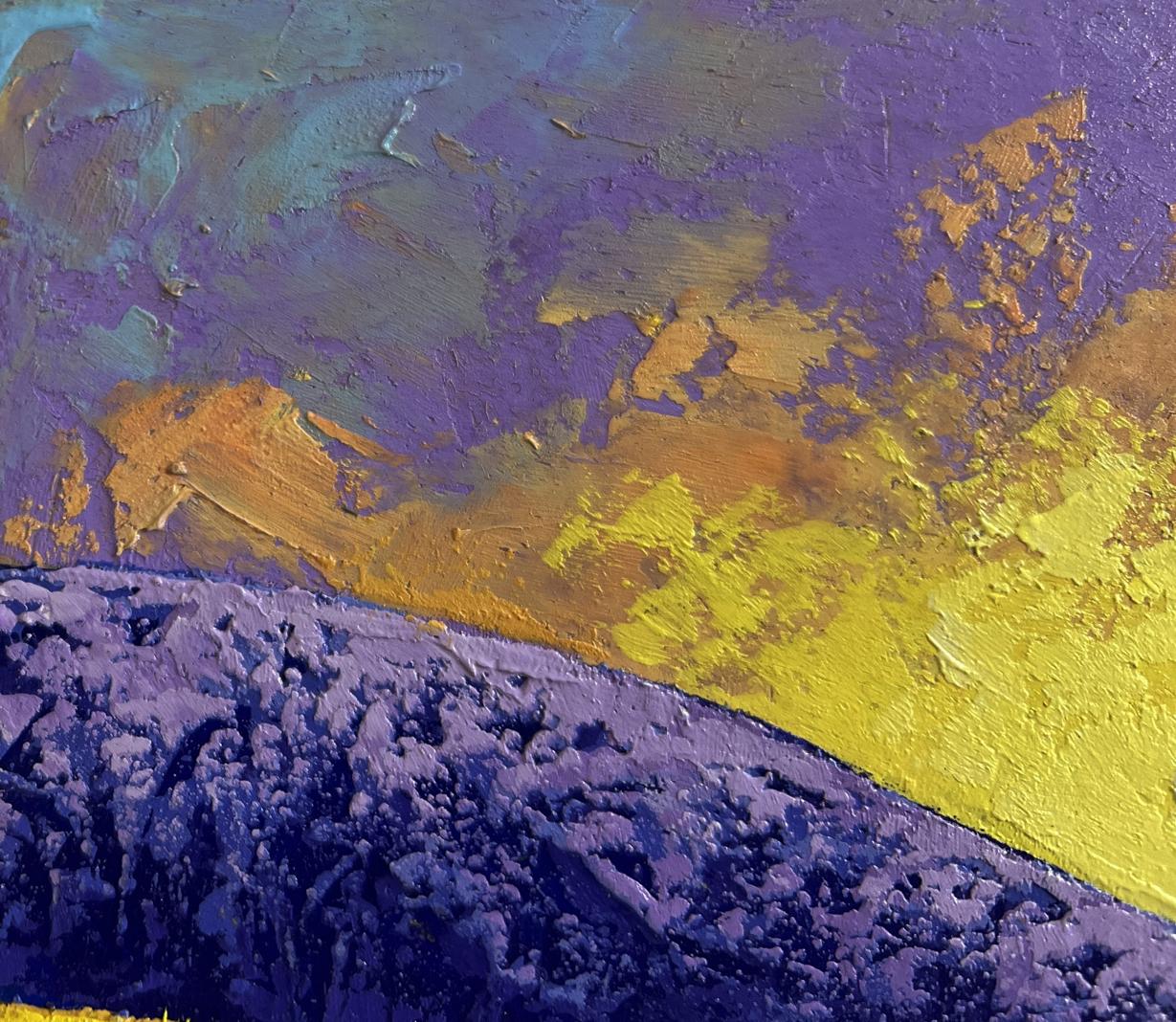 Oil painting of scarlet mountain range by V. Zadorozhnya with purple, yellow, gold layers