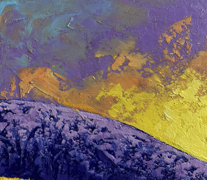 Oil painting of scarlet mountain range by V. Zadorozhnya with purple, yellow, gold layers