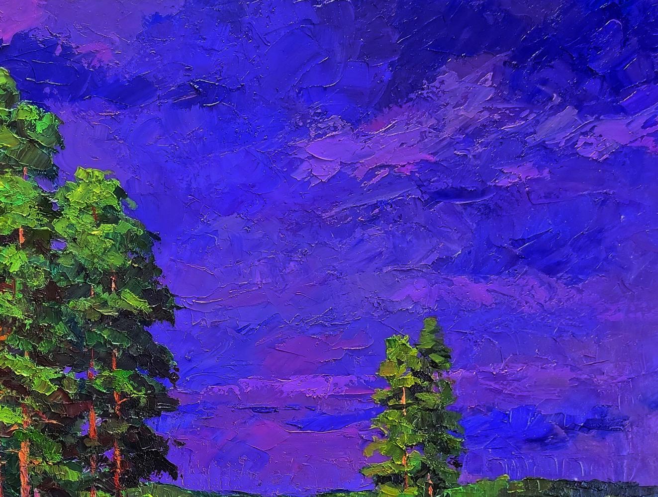 Impressionistic oil painting of vibrant green pine trees and flowers near forest by Boris Serdyuk