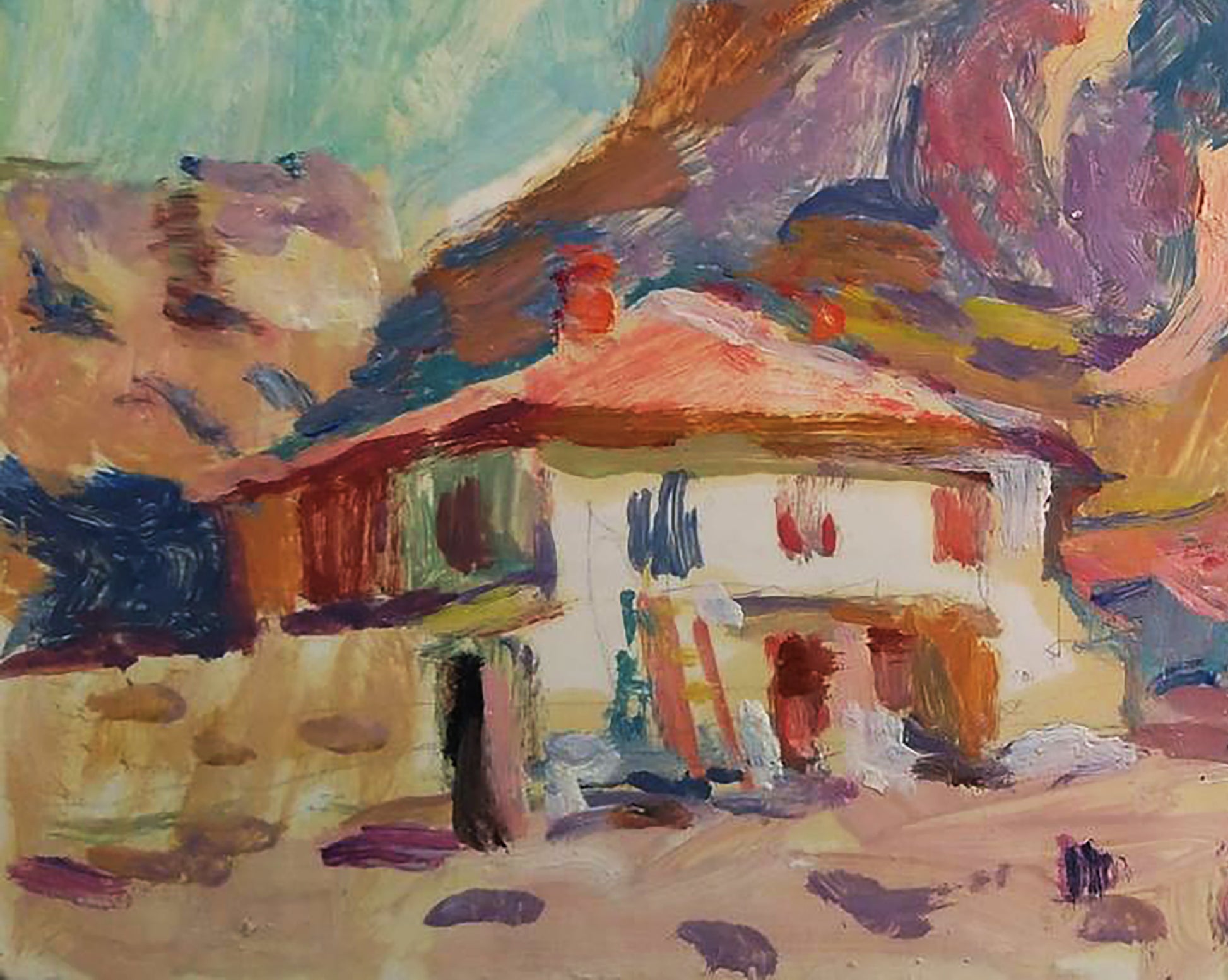 Vibrant impressionistic oil painting by Yury Konovalov: Central Asia rustic house with orange roof against colorful mountains