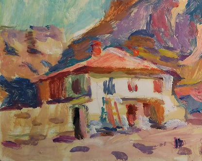 Vibrant impressionistic oil painting by Yury Konovalov: Central Asia rustic house with orange roof against colorful mountains