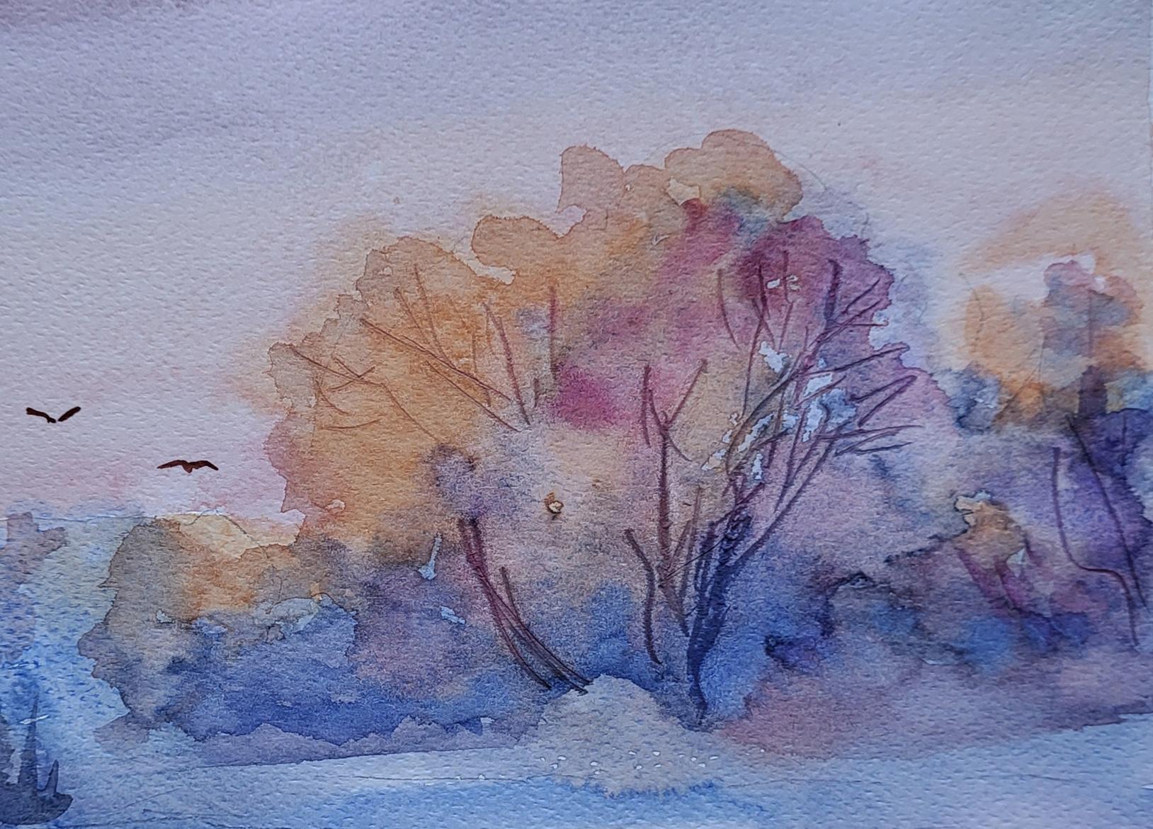 Watercolor painting Winter wonder by Boris Serdyuk, bare tree in orange purple blue