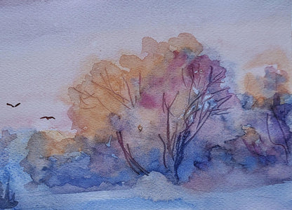Watercolor painting Winter wonder by Boris Serdyuk, bare tree in orange purple blue