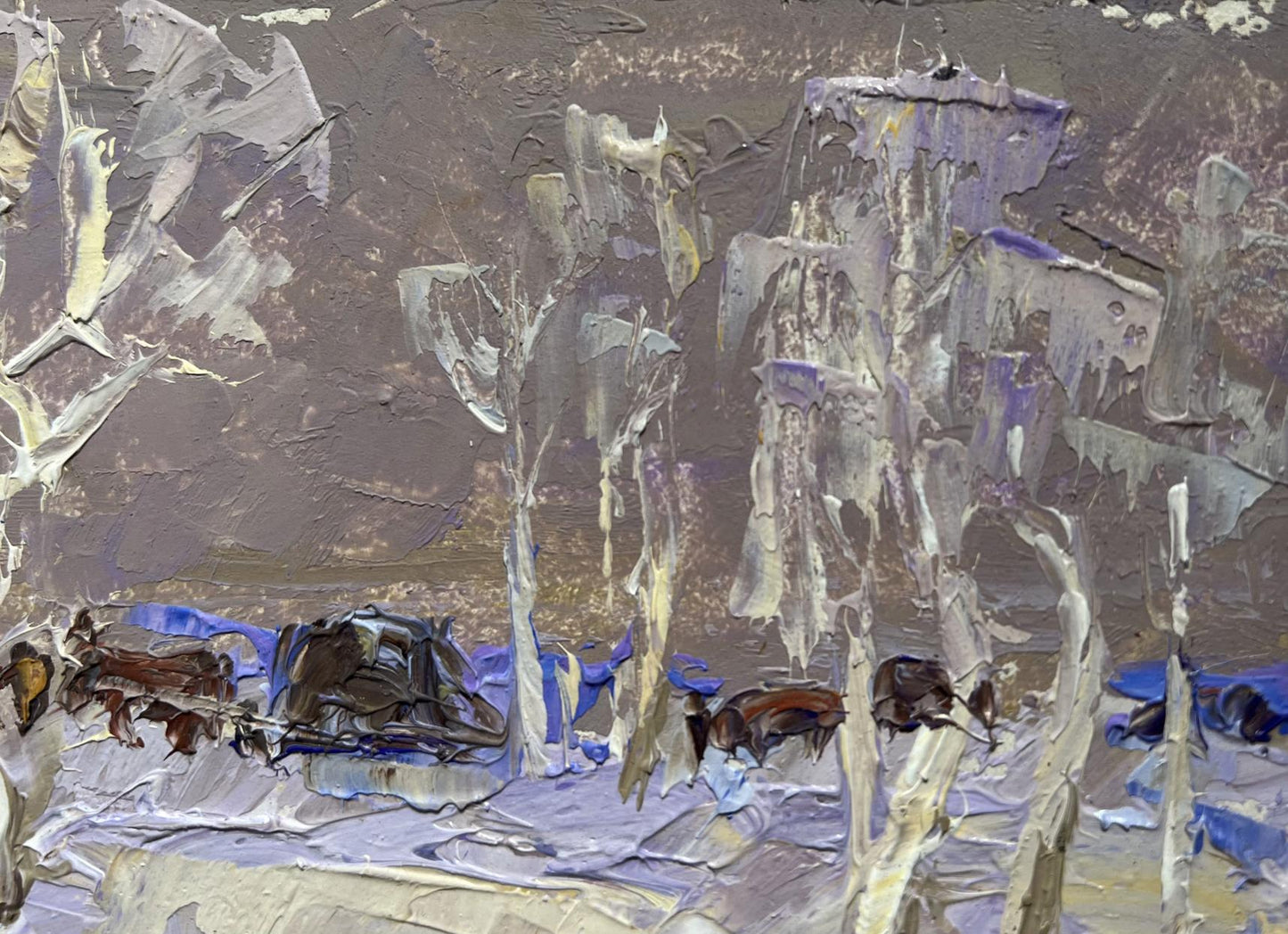 Oil painting The end of winter is coming soon by Oleksiy Ivanyuk, abstract textured grays