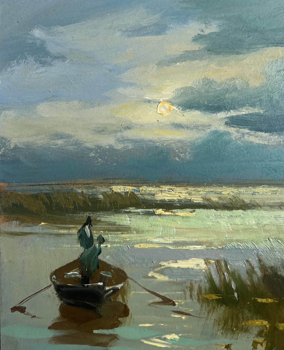 Oil painting Seeing off the Sunset by Yuriy Suprunchuk moody rowboat scene
