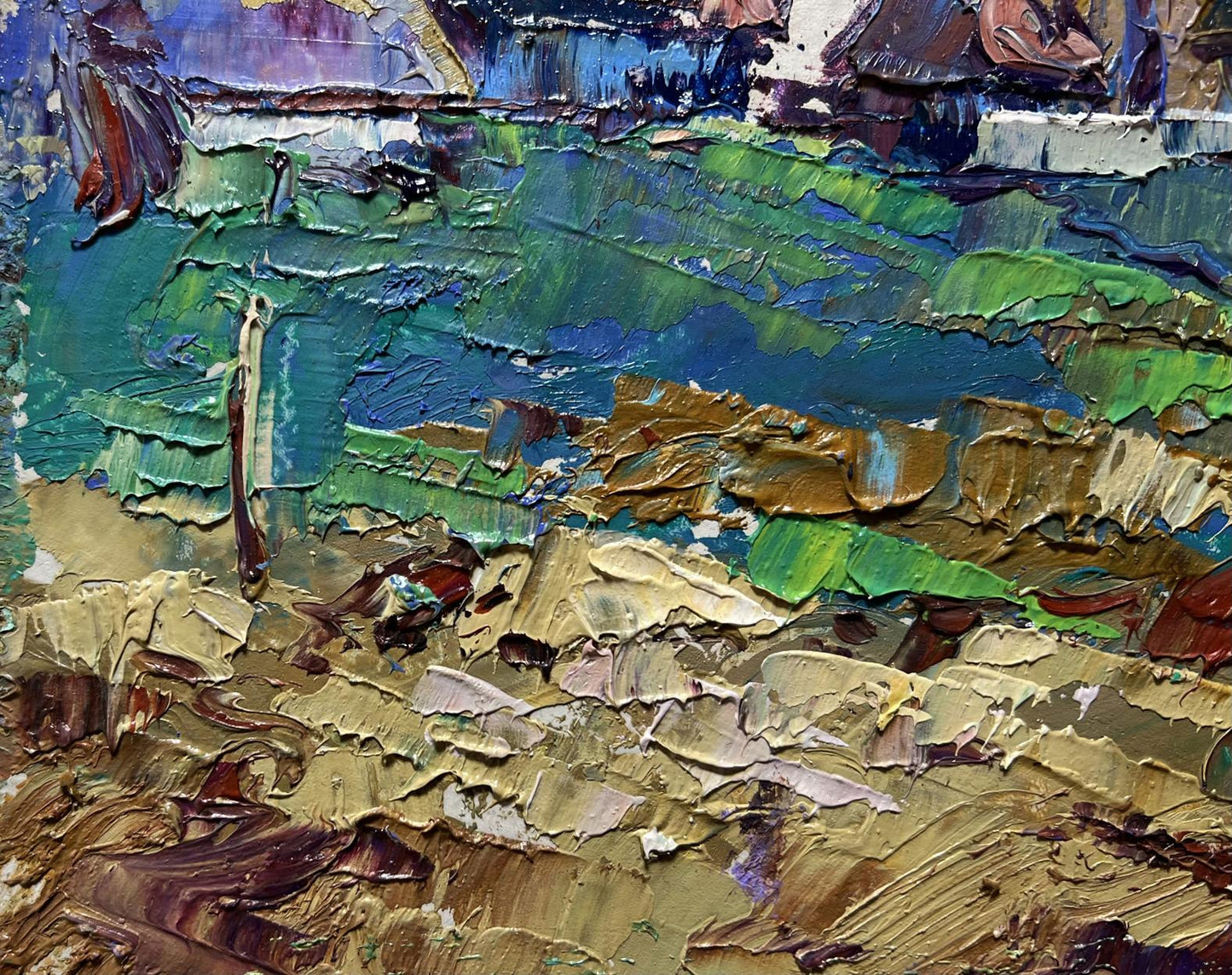 Oil painting Sunset behind the houses by Oleksiy Ivanyuk impasto landscape