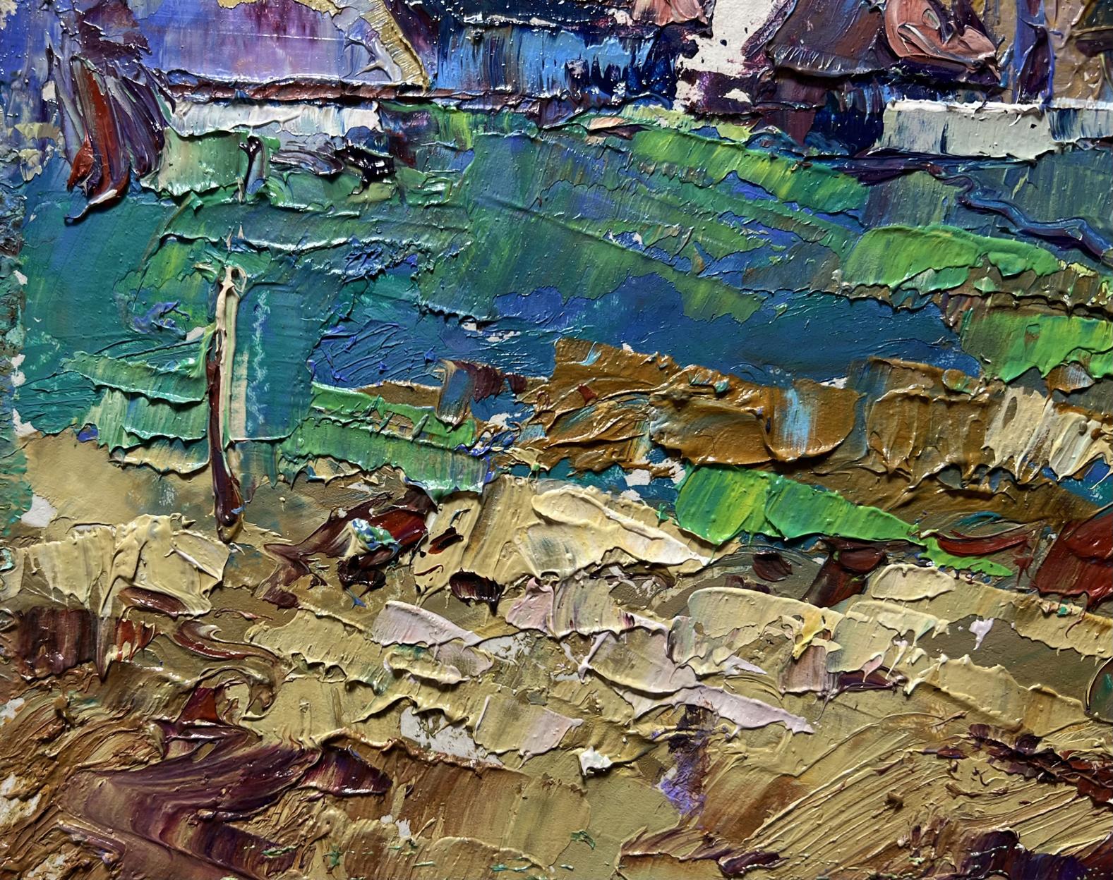 Oil painting Sunset behind the houses by Oleksiy Ivanyuk impasto landscape