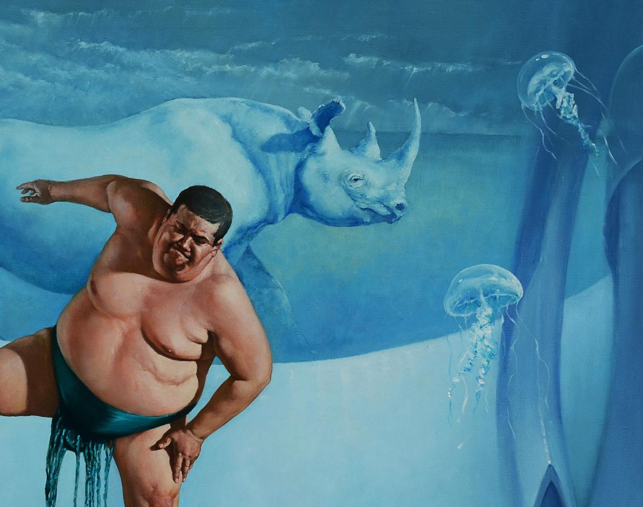 Surreal oil painting of teal sumo swimmer, blue rhino, jellyfish by Oleg Kateryniuk