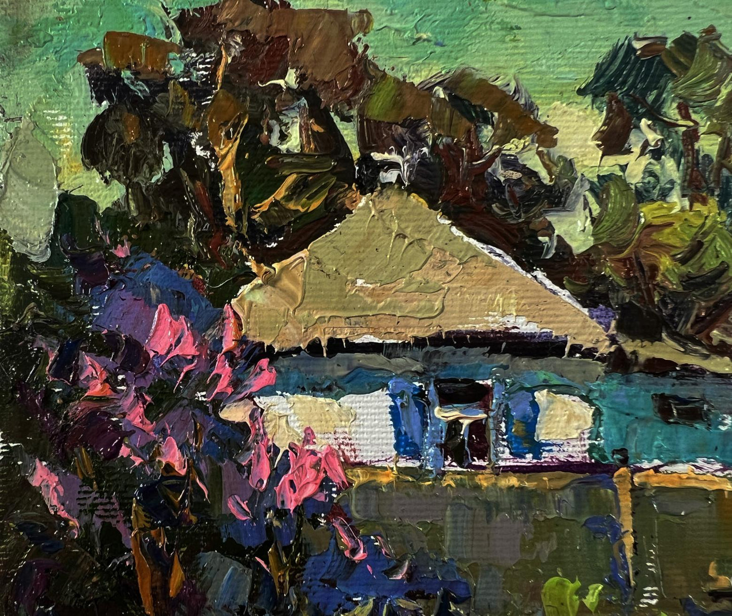 Oil painting Warm day in the village by Oksana Ivanyuk with thatched house