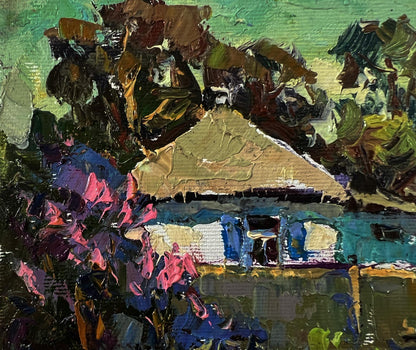 Oil painting Warm day in the village by Oksana Ivanyuk with thatched house
