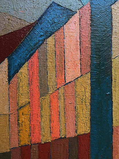Oil painting Old houses by Serhiy Kovalev with bold abstract stripes