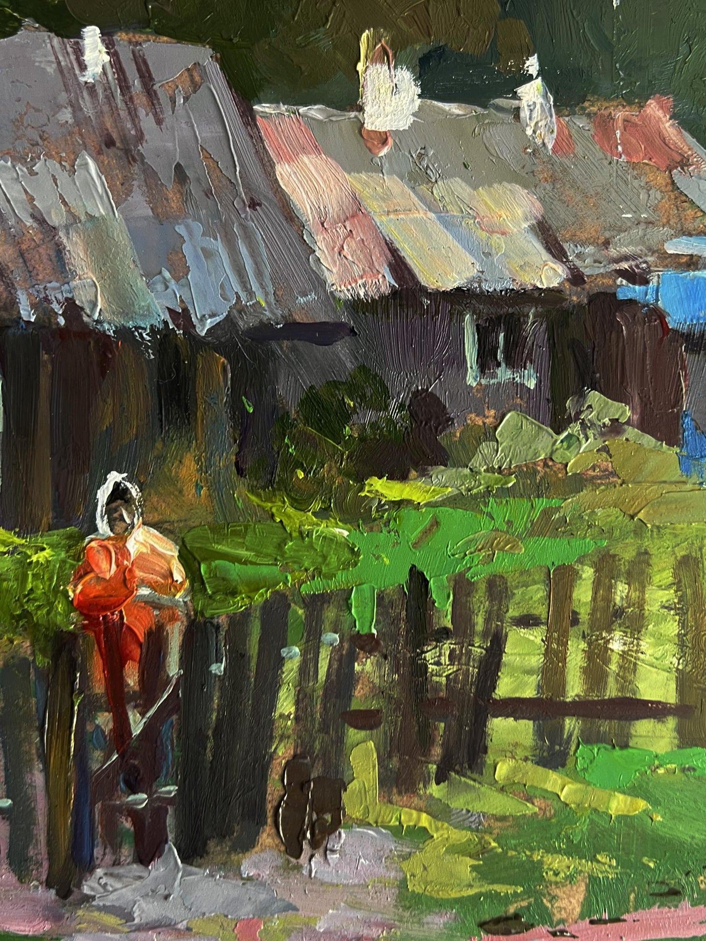Oil painting Country courtyard by Yuriy Suprunchuk with orange-robed figure