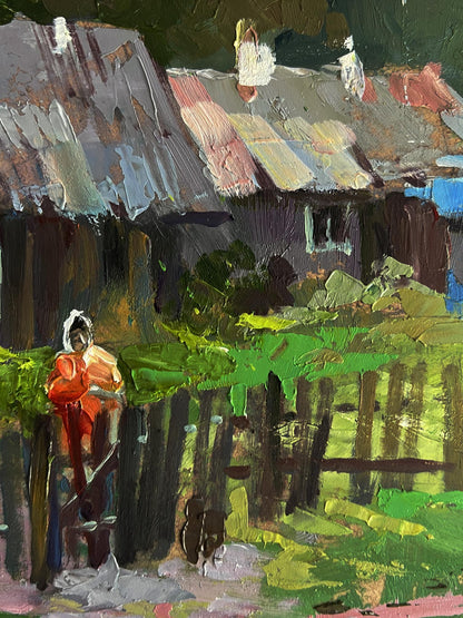 Oil painting Country courtyard by Yuriy Suprunchuk with orange-robed figure