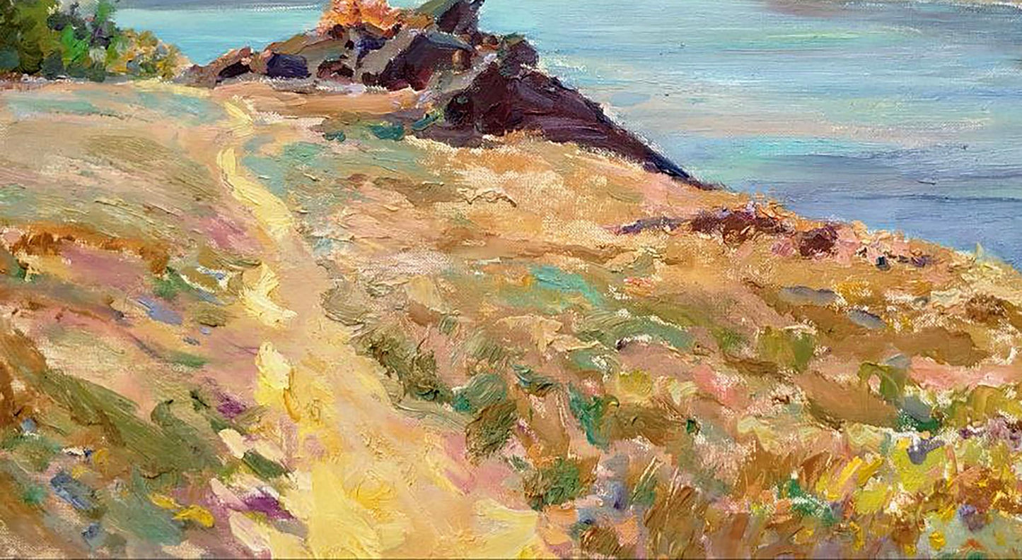Oil painting Blue River by Leonid Pavlenko: sunlit coastal path to blue water