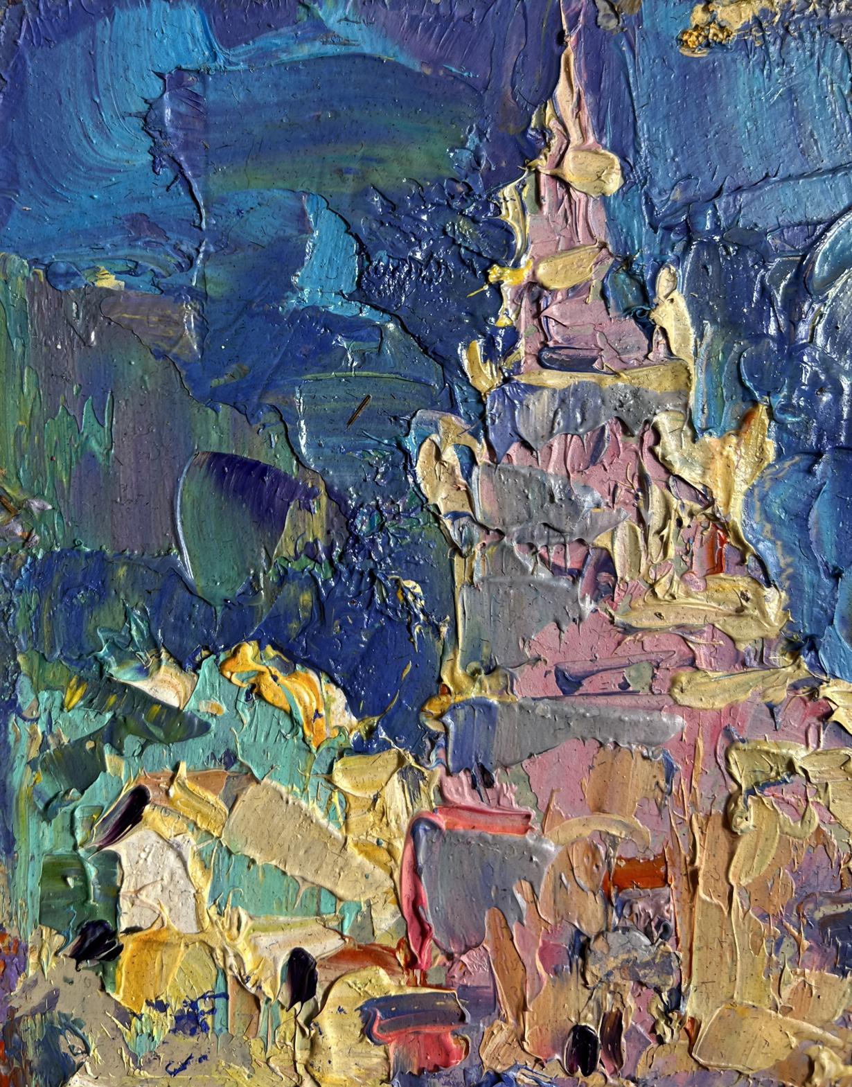 Textured impasto oil painting of city tower on sunny day by Oleksiy Ivanyuk