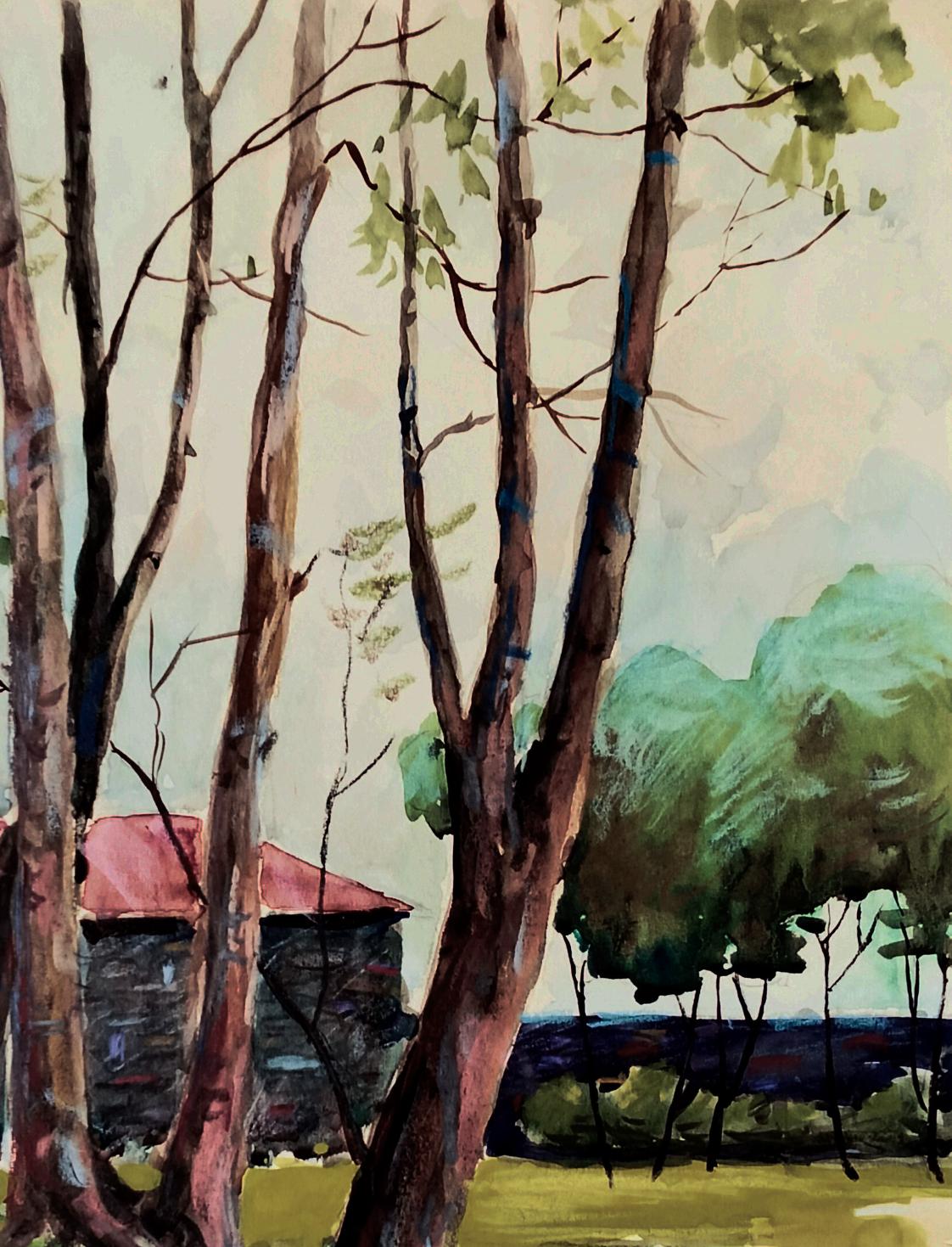 Watercolor forest painting by Vitaly Duhnevich with secret stone building