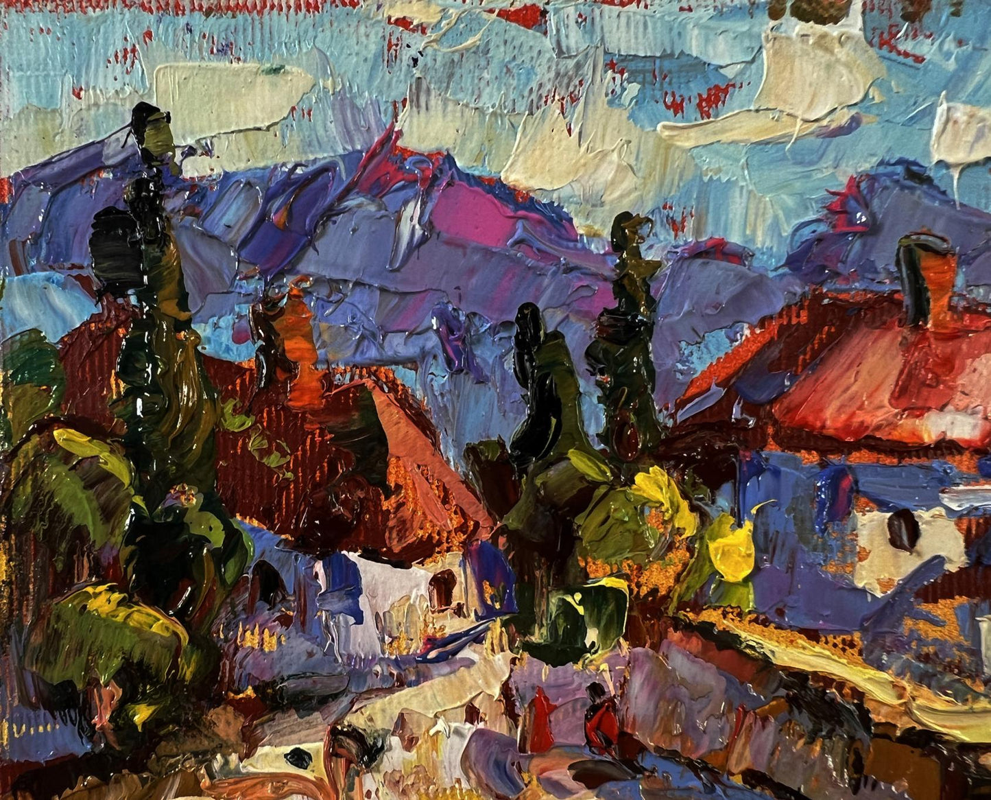 Vibrant impressionist oil painting of Oleksiy Ivanyuk old town walking tour