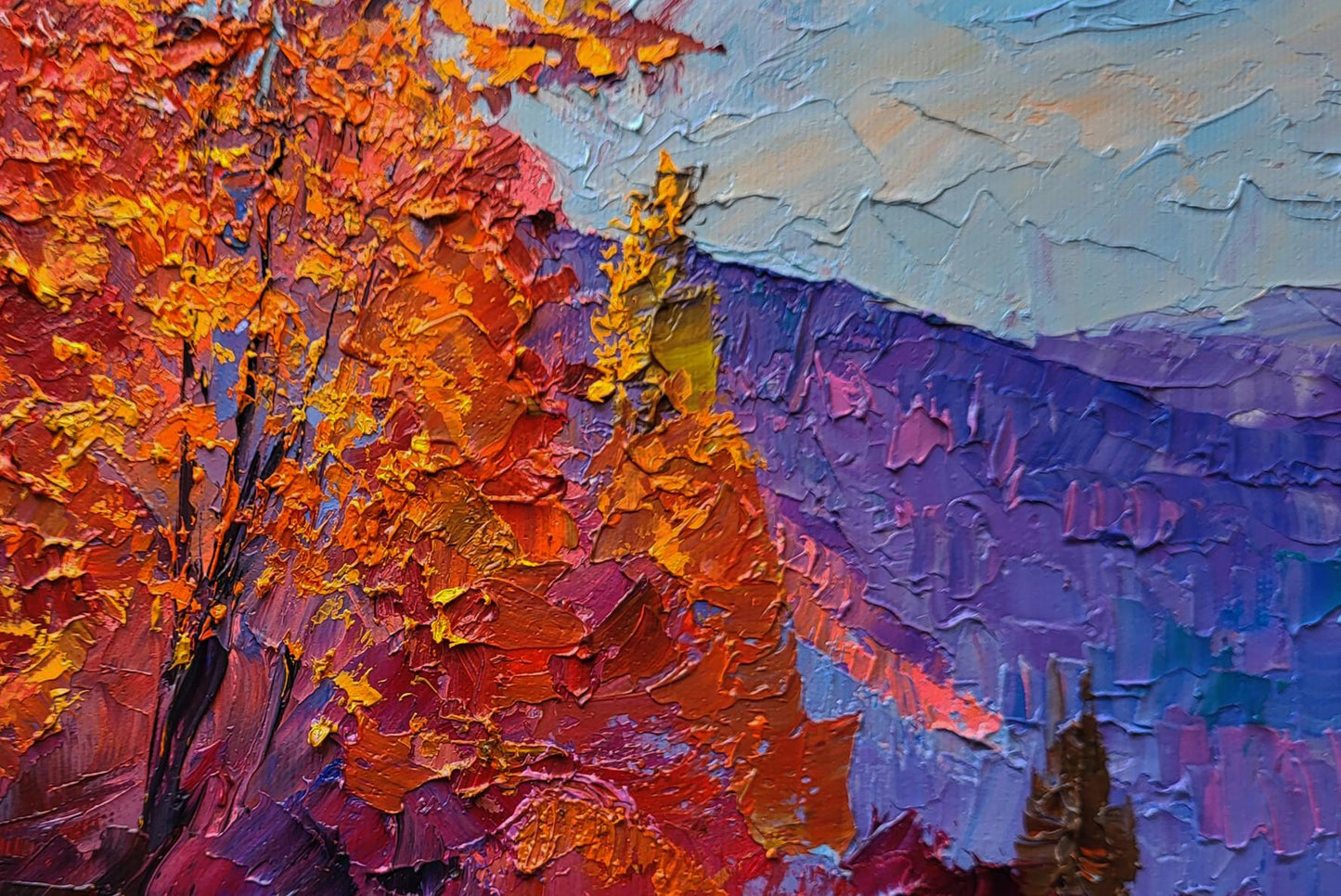 Oil painting Autumn is crimson by Boris Serdyuk vibrant fiery tree