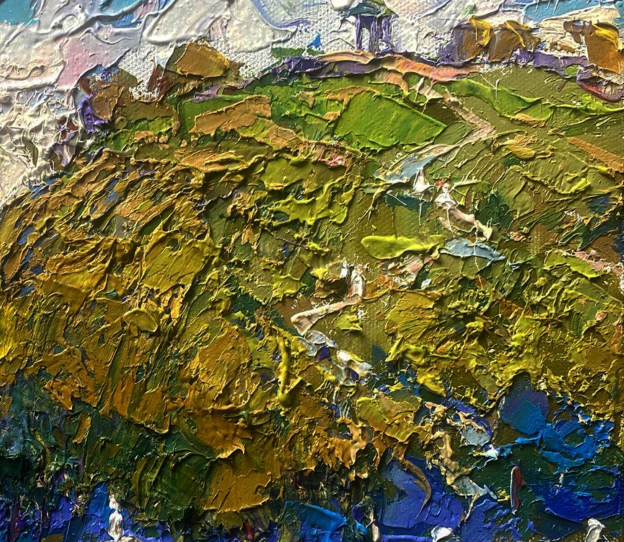 Oil painting The hillfort hides the secrets by Oleksiy Ivanyuk, textured green gold landscape