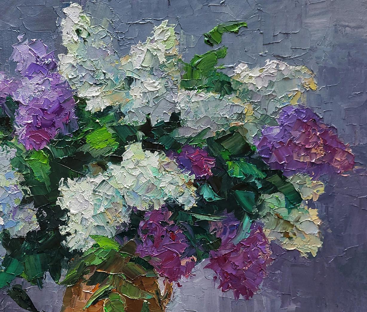 Oil painting of purple and white lilacs in jug by Boris Serdyuk