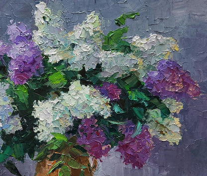 Oil painting of purple and white lilacs in jug by Boris Serdyuk