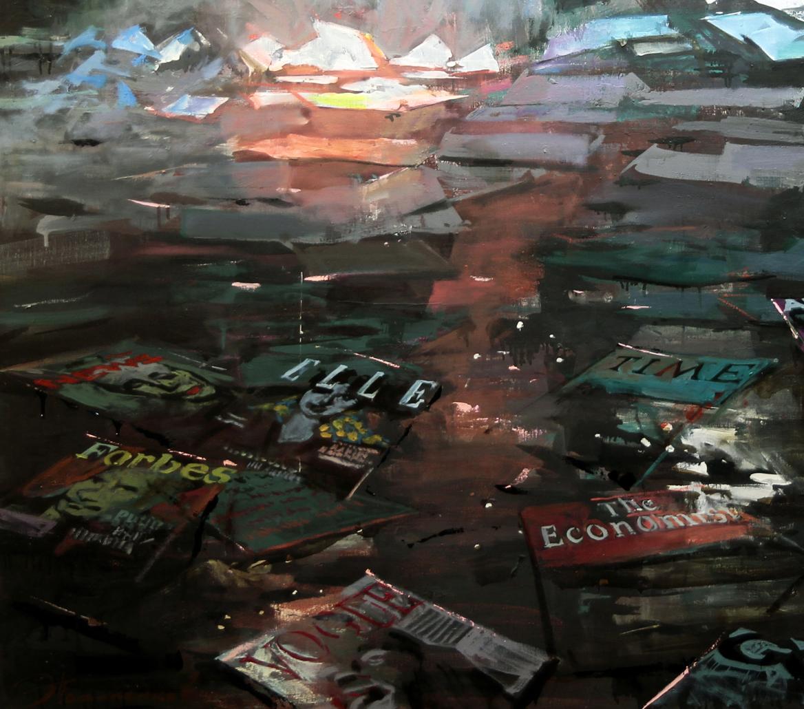 Oil painting Wave Ed Potapenkov of glossy Elle Time Forbes Economist covers on dark textured surface