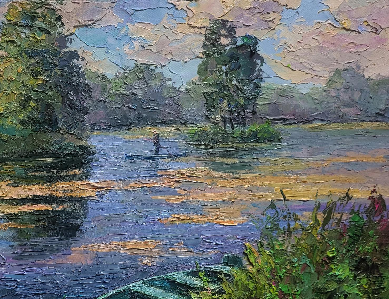 Impressionistic oil painting of Boris Serdyuks boat on serene pond