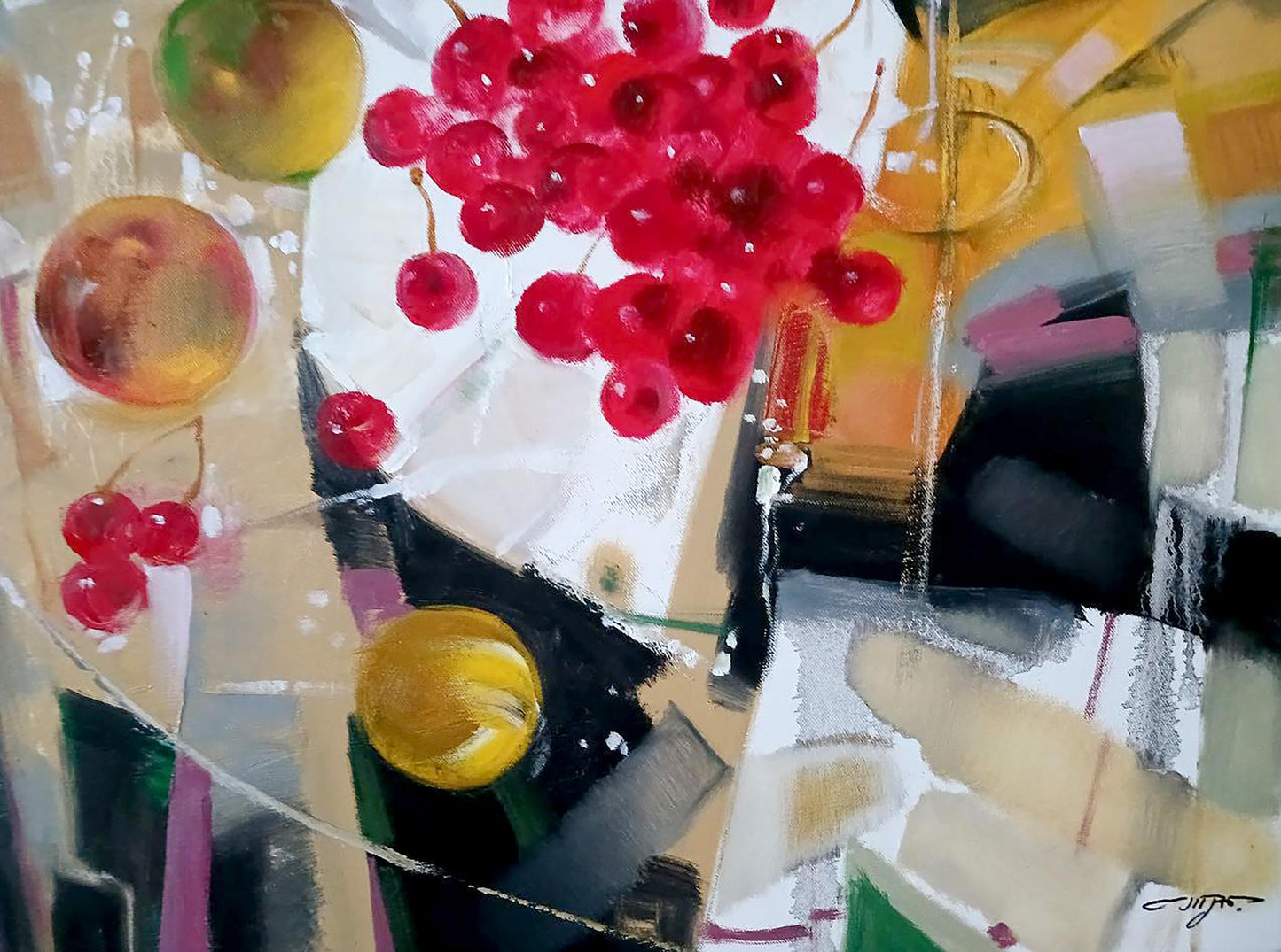 Abstract oil painting of vibrant red cherries by Anatoly Tarabanov
