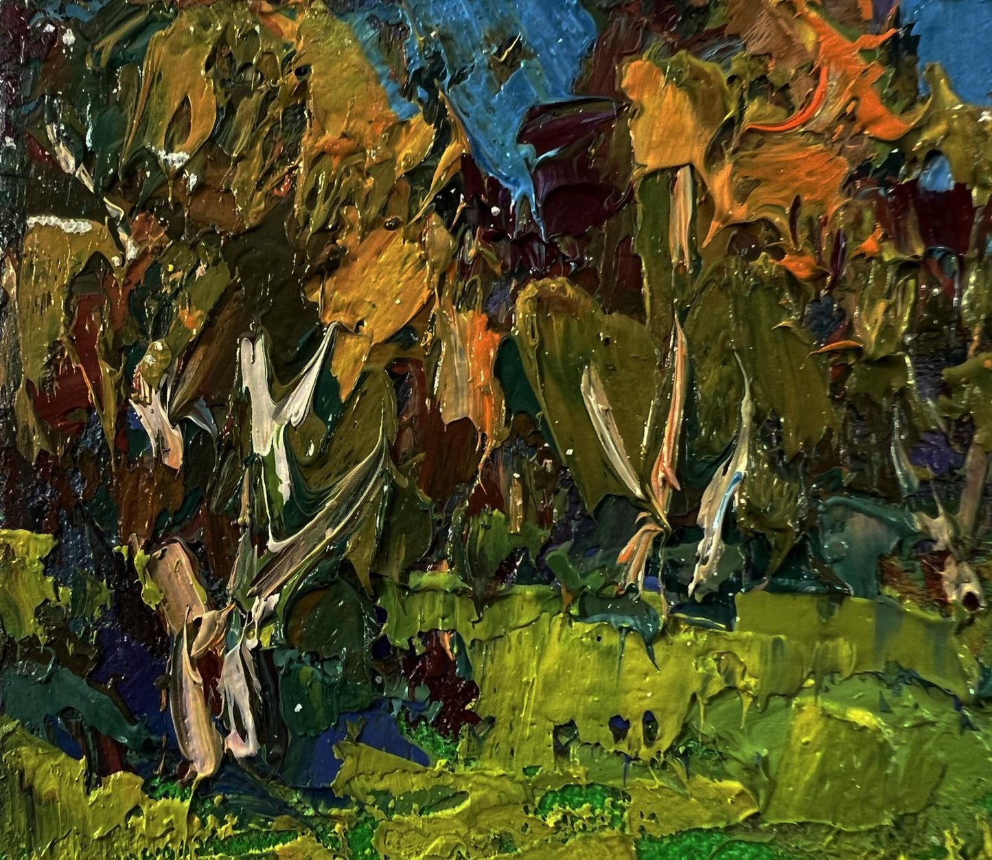 Vibrant oil painting of cows grazing in meadow by Oksana Ivanyuk