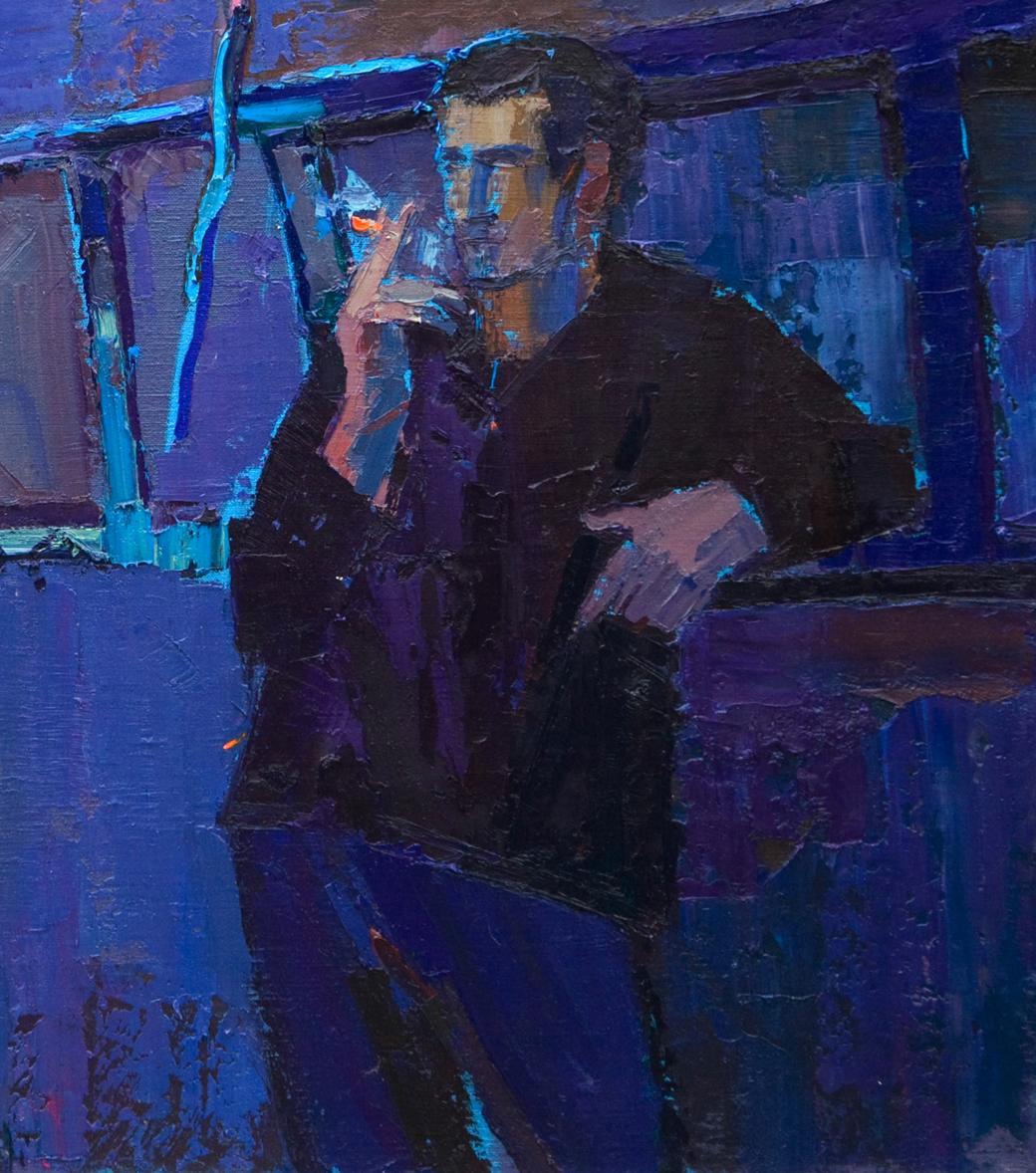 Oil painting Evening at home by Natalia Korf-Ivaniuk man in dark jacket
