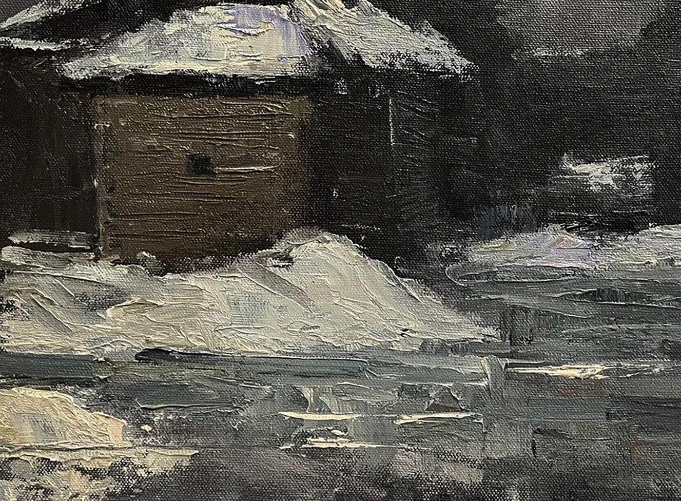 Oil painting of rustic snowy Swedish grave shed by Volodymyr Pashchenko