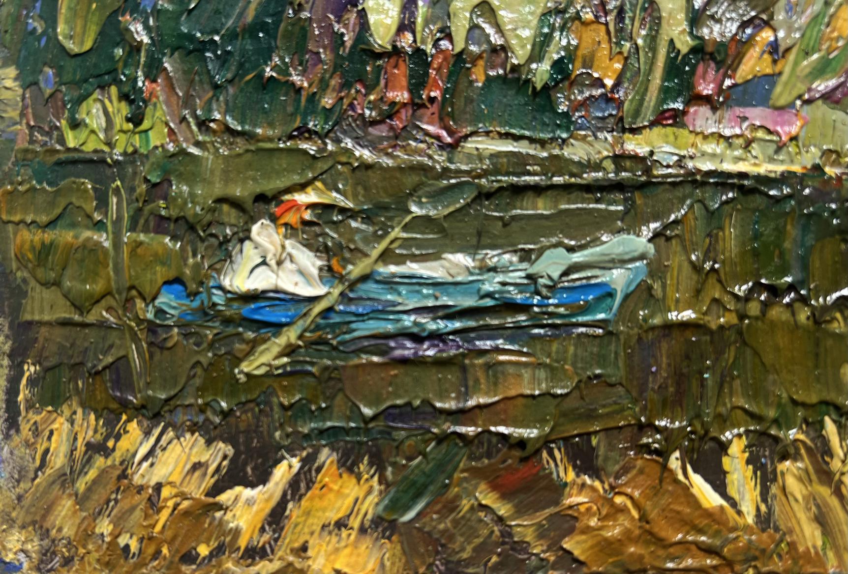 Oil painting On the summer lake by Oleksiy Ivanyuk: white duck in blue water