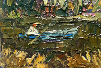 Oil painting On the summer lake by Oleksiy Ivanyuk: white duck in blue water