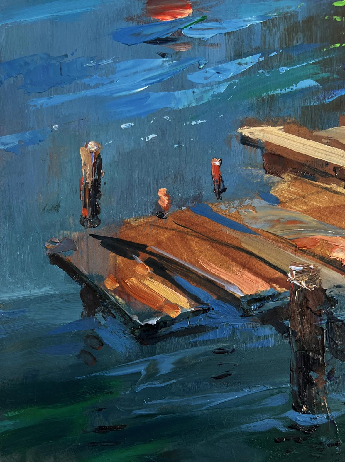 Oil painting of old wooden pier into sea by Yuriy Suprunchuk