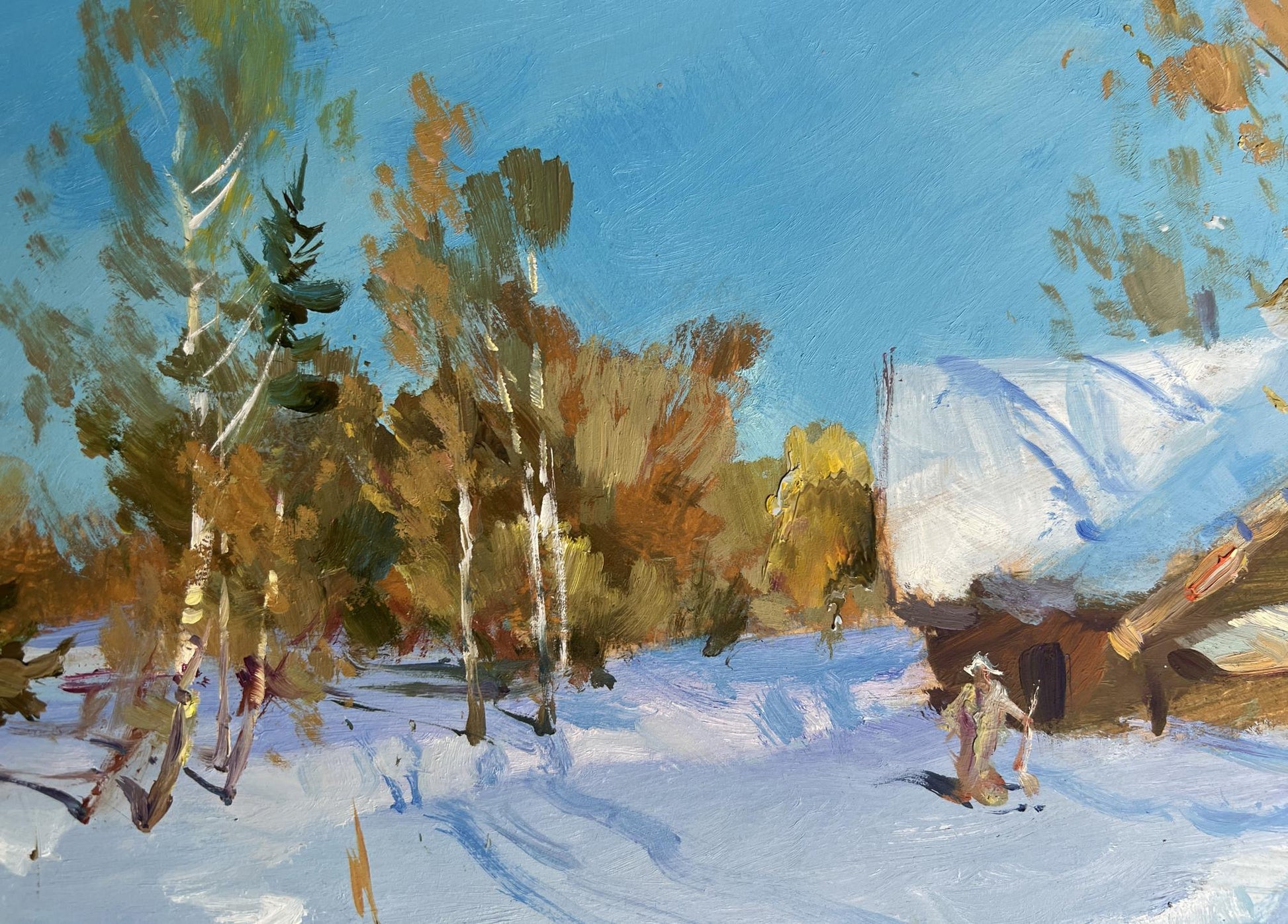Oil painting After the night snowfall by Yuriy Suprunchuk: snowy birch trees, cabin