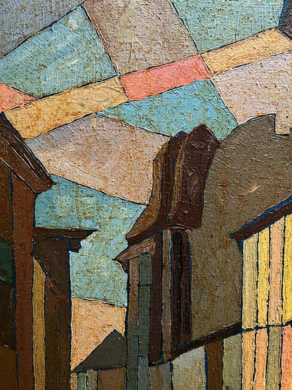Oil painting Closer to the Center by Serhiy Kovalev in muted blues and ochres