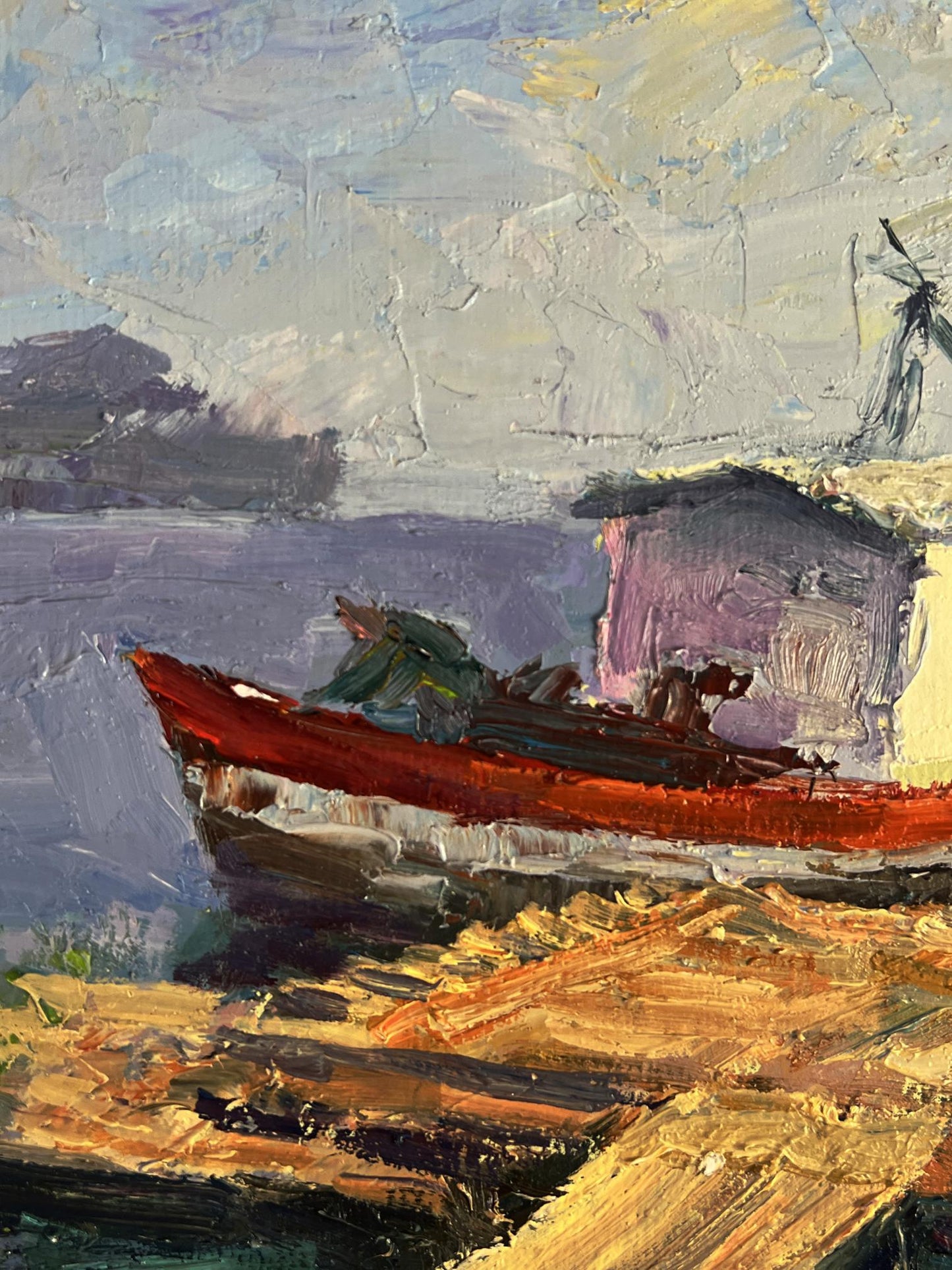 Oil painting Departure by river ferry by Boris Serdyuk, vibrant red boat