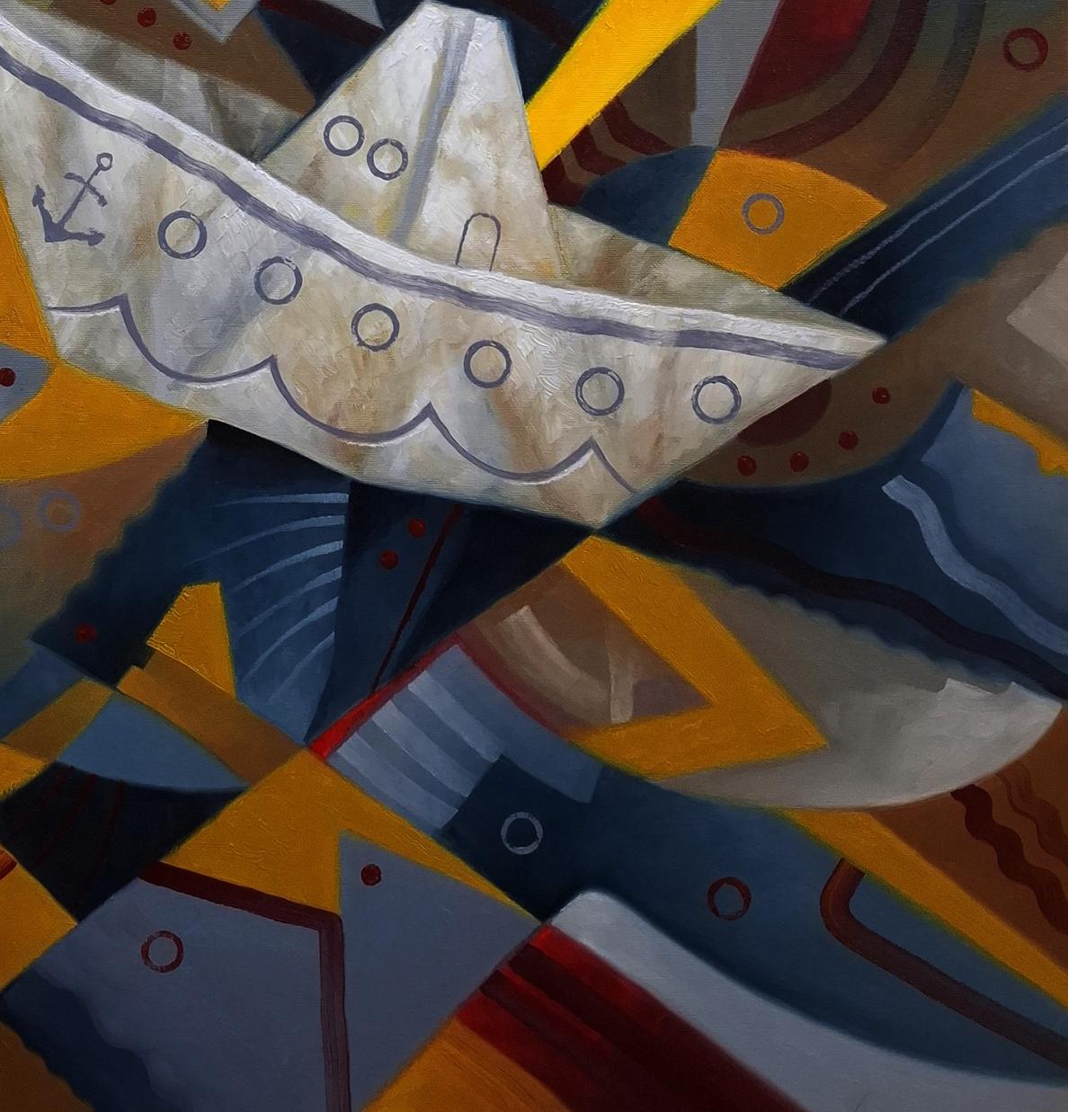 Oil painting by Sergiy Voichenko: white paper boat with black anchor in storm