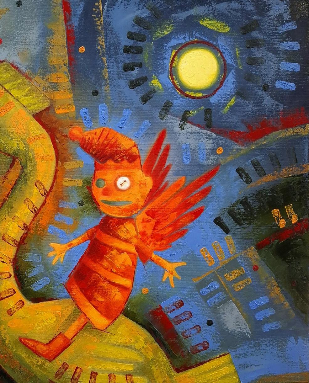 Oil painting of King Button with orange wings walking in blue mechanical city by Sergiy Voichenko