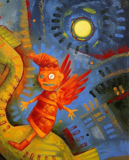 Oil painting of King Button with orange wings walking in blue mechanical city by Sergiy Voichenko