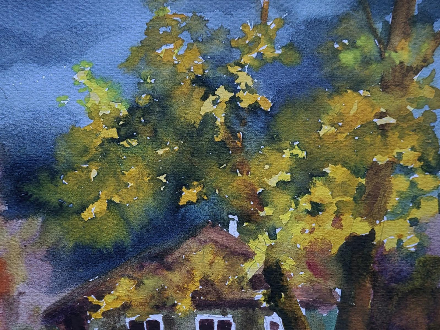 Watercolor painting Leaves at the Doorstep by Boris Serdyuk, vibrant tree over house
