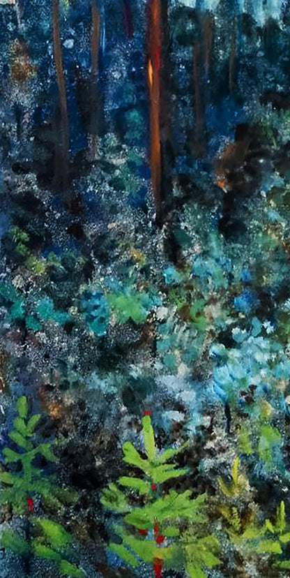 Oil painting Twilight in the forest by Vitaly Duhnevich, textured blues and greens