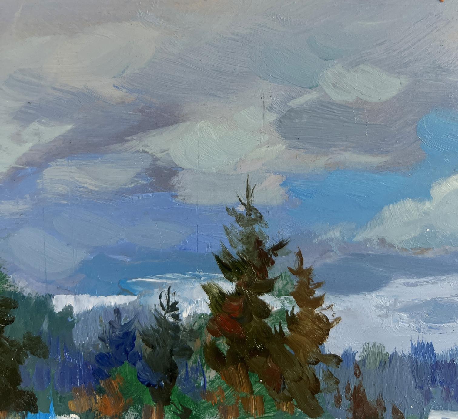 Oil painting of snowy river, pine tree by Yuriy Suprunchuk