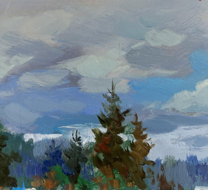 Oil painting of snowy river, pine tree by Yuriy Suprunchuk