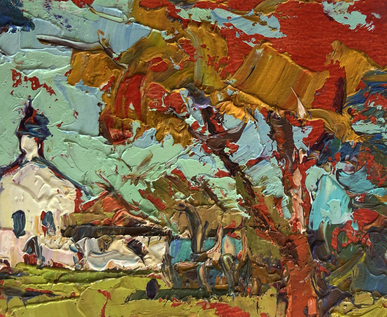 Oil painting Autumn bell ringing church tower by Oksana Ivanyuk
