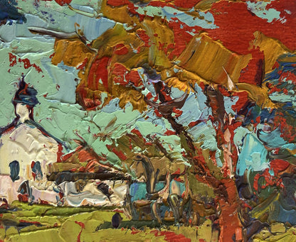 Oil painting Autumn bell ringing church tower by Oksana Ivanyuk