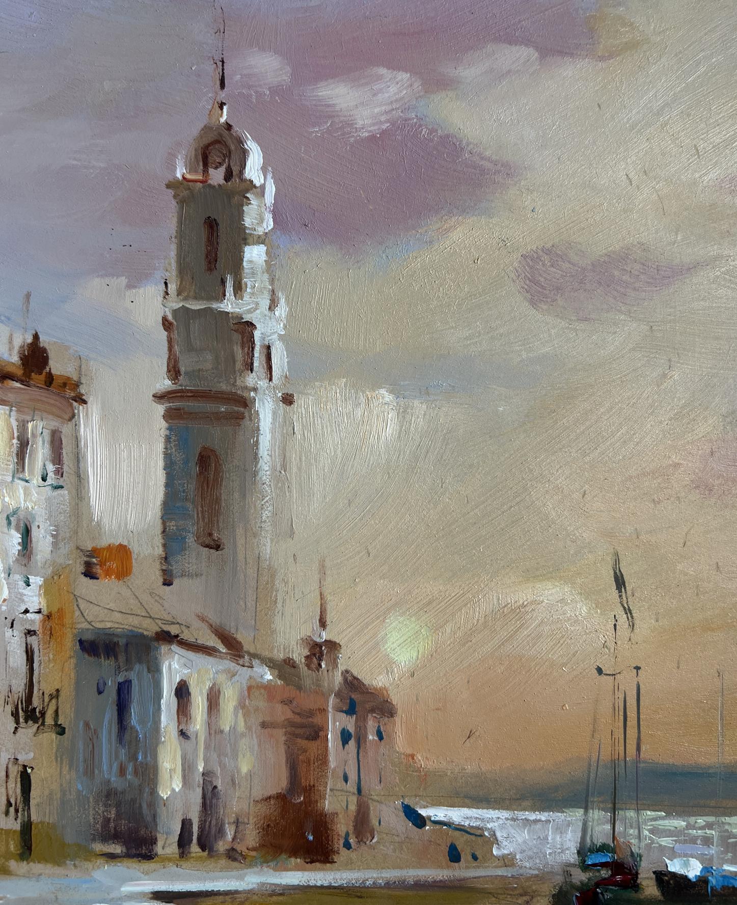 Oil painting of tall white stone clock tower by Yuriy Suprunchuk