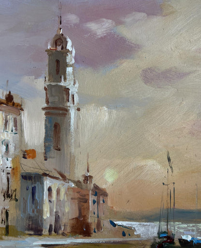 Oil painting of tall white stone clock tower by Yuriy Suprunchuk