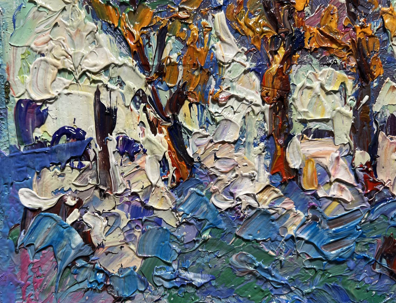 Vibrant oil painting Young poplars in the field by Oksana Ivanyuk with impasto strokes